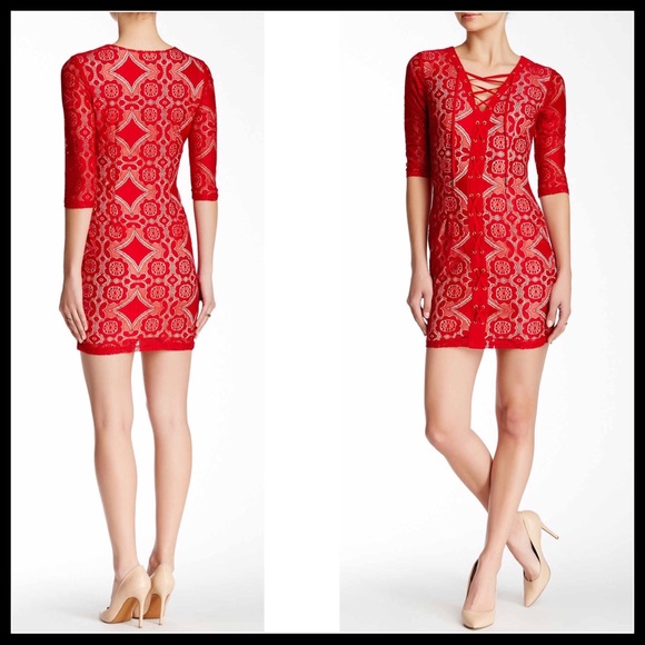 RED LACE UP V-NECK 3/4 SLEEVES MINI DRESS A2C - Picture 5 of 8